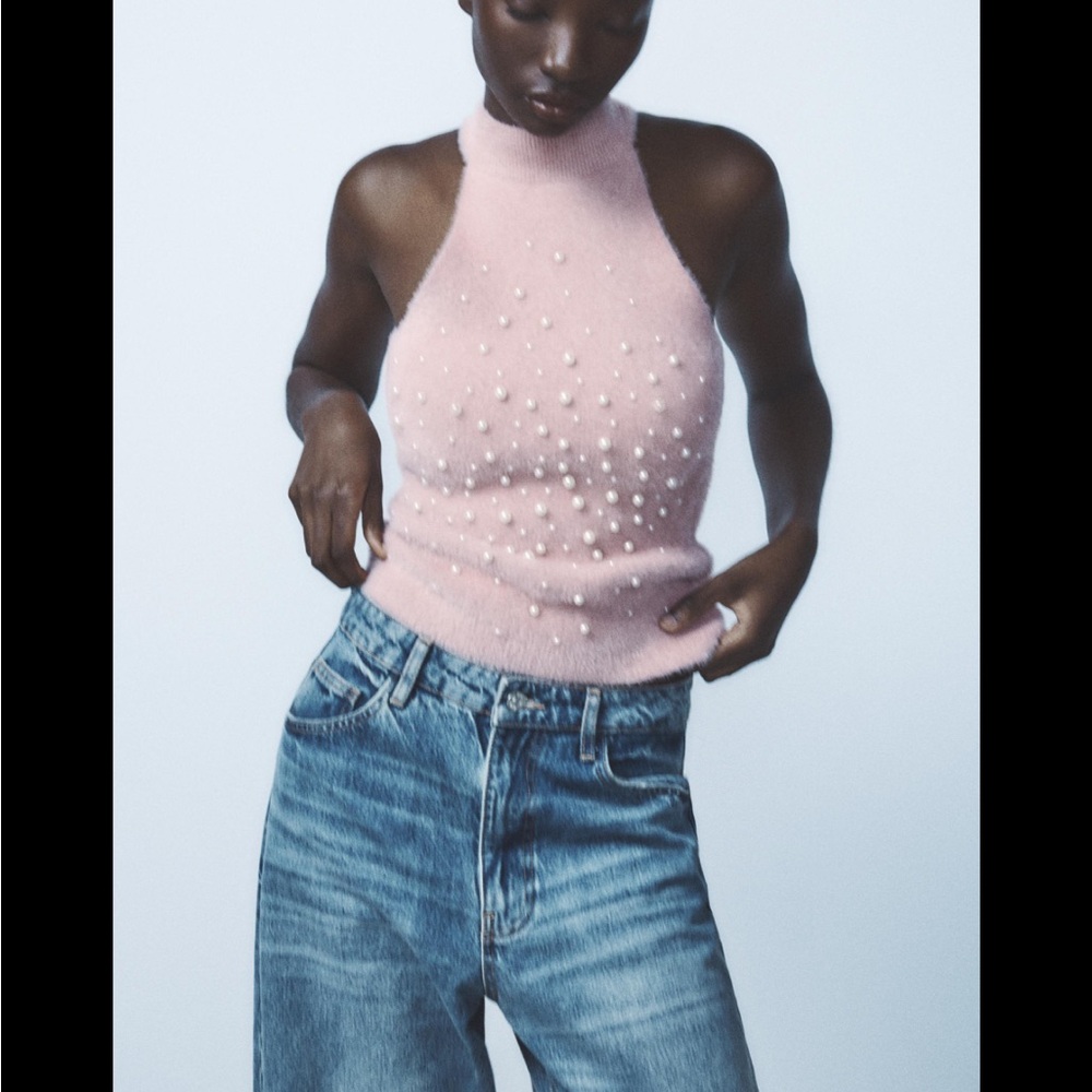 Zara Pink Faux Pearl Halter Top